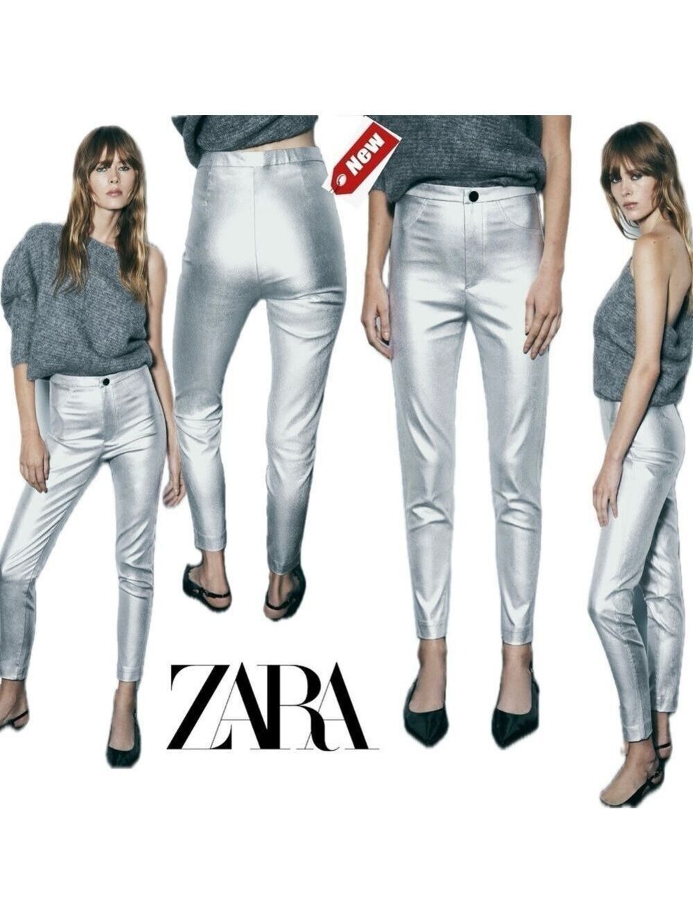 Zara metallic silver liquid foil mid rise slim fit leggings pants Sz M NWT